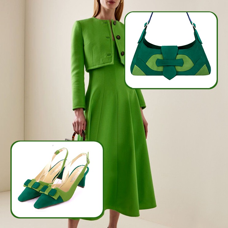 Women's elegant slingback heels, with a bow on the front and medium luxurious handbag to pair with an emerald green and grass green outfit.