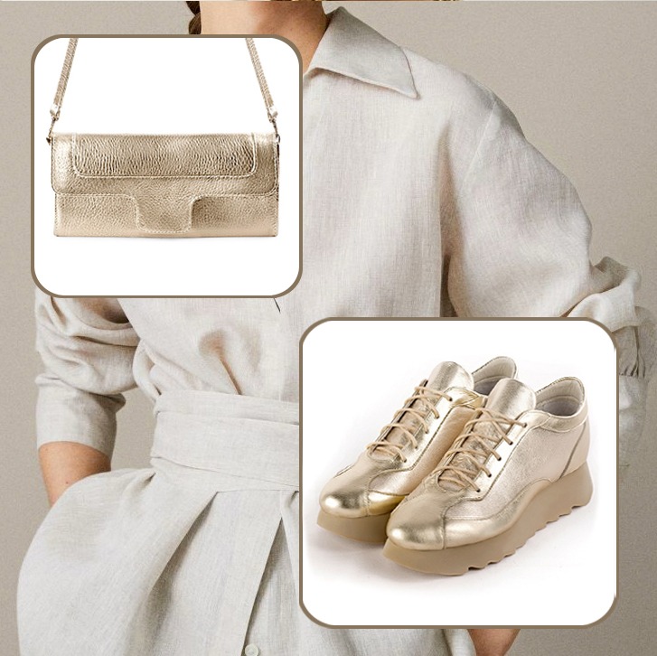 Elégantes baskets femme assorties à une tenue or.