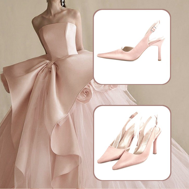 Women's dress slingback heels paired to a powder pink outfit.