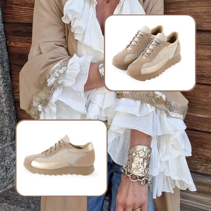 Women's elegant urban sneakers and custom-made belt to pair with a tan beige and gold outfit.