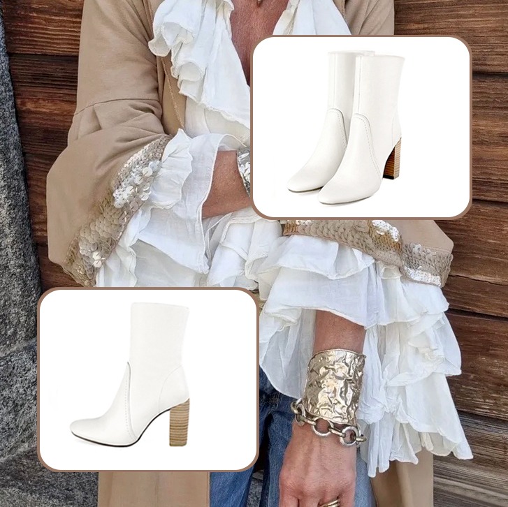 Women's elegant ankle boots, with a zip on the inside, and custom-made belt to pair with an off white outfit.