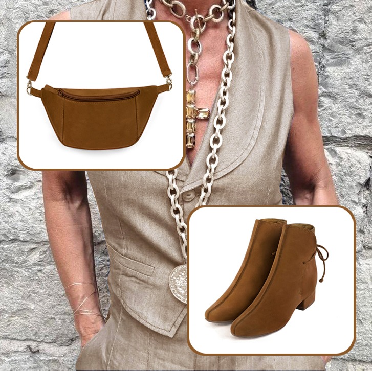 Women's dress ankle boots back laces and clutch for wedding and parties paired to a caramel brown outfit.