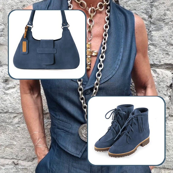 Women's elegant ankle boots, with laces at the front, and medium luxurious handbag to pair with a denim blue outfit.