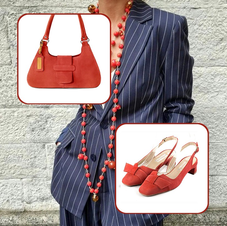 Escarpins bride arrière et luxueux sac à main assortis à une tenue rouge coquelicot.