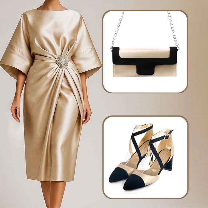 Escarpins brides croisées femme et pochette pour cérémonie assortis à une tenue noir mat et or.