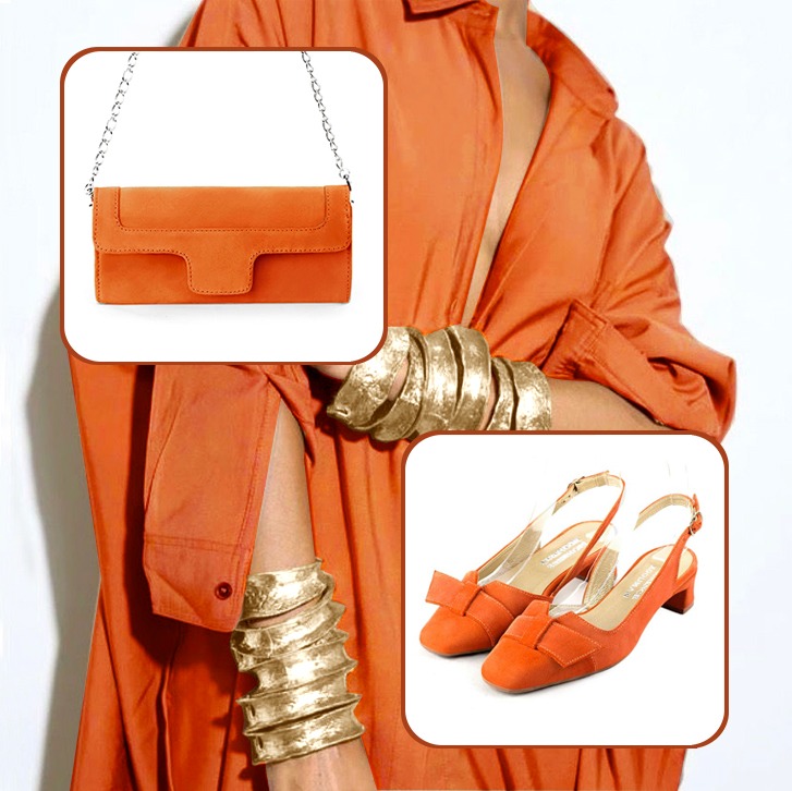 Escarpins bride arrière et pochette pour cérémonie assortis à une tenue orange clémentine.