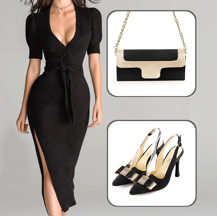 Escarpins bride arrière avec un noeud et pochette pour cérémonie assortis à une tenue noir mat et or.