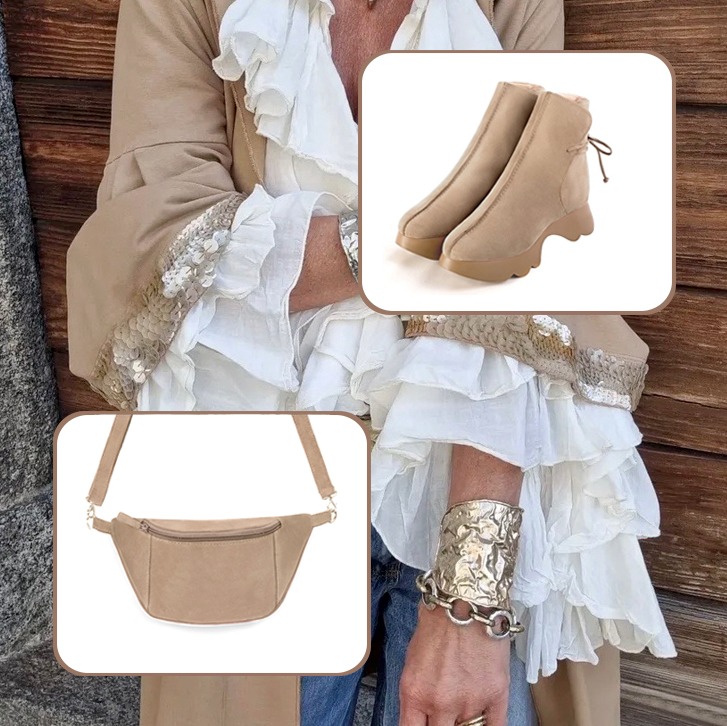 Bottines femme lacets à l'arrière et luxueux petit sac à main assortis à une tenue beige sahara.