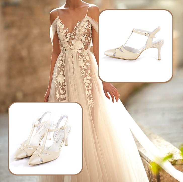 Women's elegant T-strap closed-toe heels to pair with a gold and egg shell beige outfit.