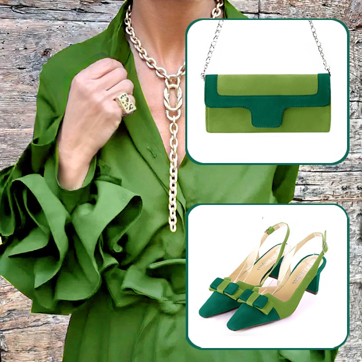 Women's elegant slingback heels, with a bow on the front and luxurious clutch for ceremonies to pair with an emerald green and grass green outfit.