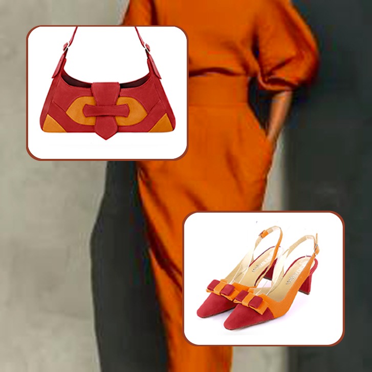 Women's elegant slingback heels, with a bow on the front and medium luxurious handbag to pair with a scarlet red and apricot orange outfit.