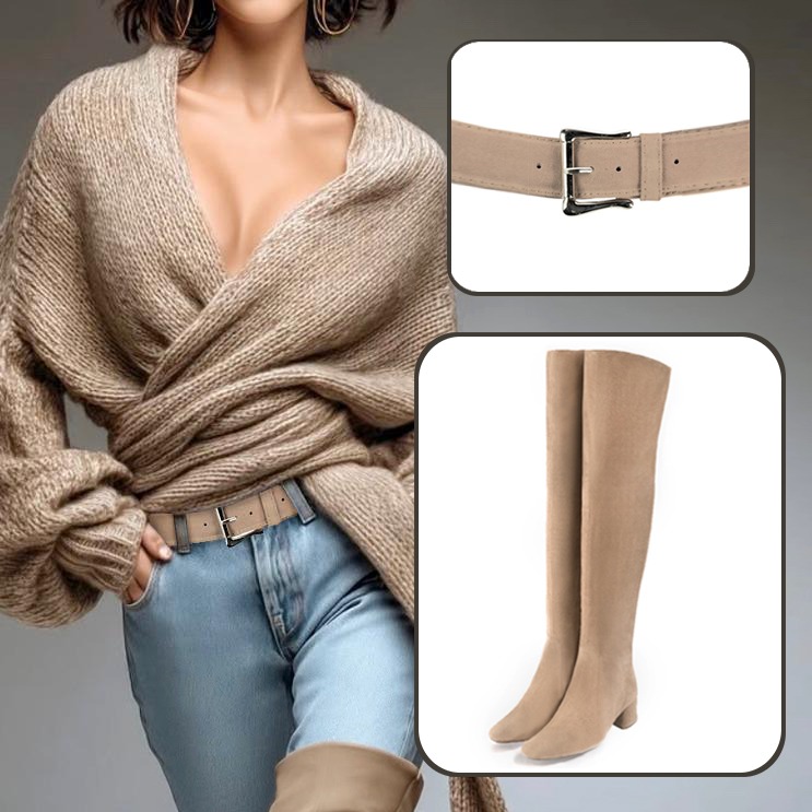 Cuissardes femme sur mesure en cuir et ceinture sur mesure assorties à une tenue beige sahara.