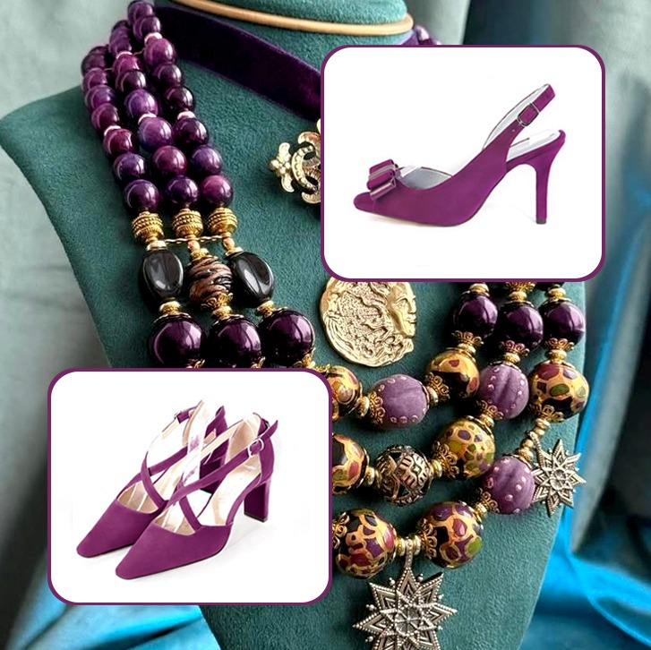Women's dress closed-back heels crossed straps and peep-toe slingback heels paired to a mulberry purple and mauve purple outfit.