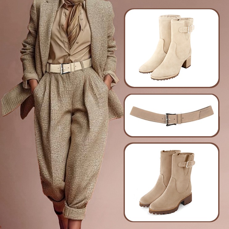 Women's elegant ankle boots, with buckles on the sides, and custom-made belt to pair with an egg shell beige and tan beige outfit.
