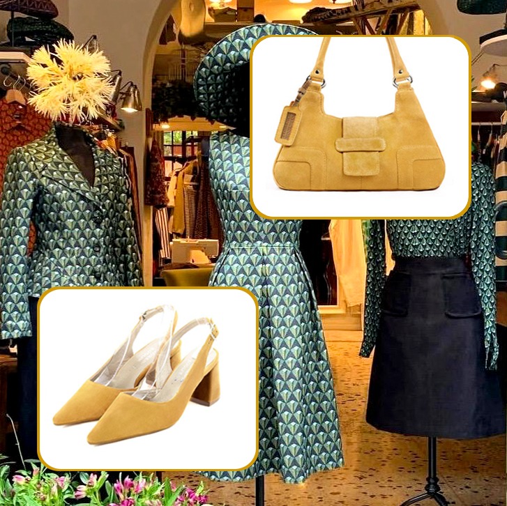 Women's elegant slingback heels and medium luxurious handbag to pair with a mustard yellow outfit.