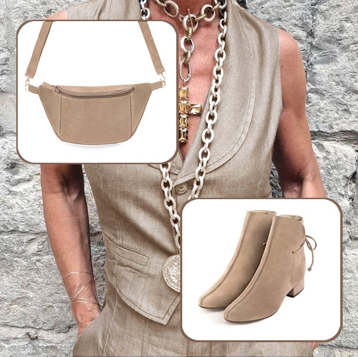 Women's elegant ankle boots, with laces at the back, and luxurious clutch for ceremonies to pair with a tan beige outfit.