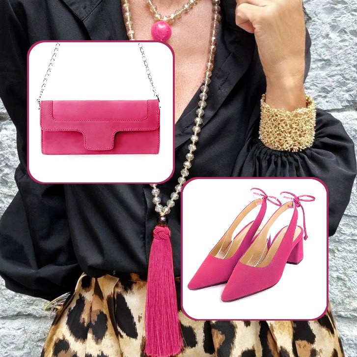 Women's elegant slingback heels and luxurious clutch for ceremonies to pair with a fuchsia pink outfit.