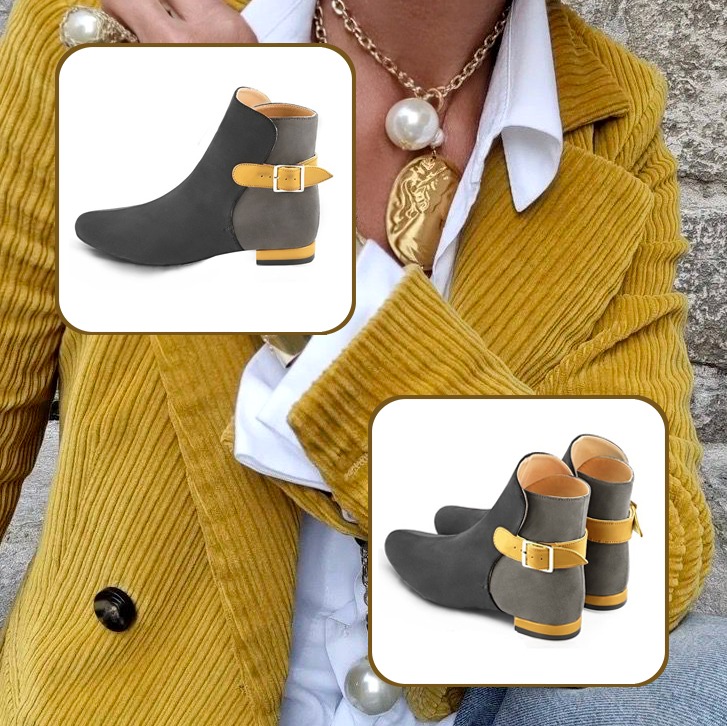 Women's elegant ankle boots, with buckles at the back, and custom-made belt to pair with a dark grey, ash grey and mustard yellow outfit.