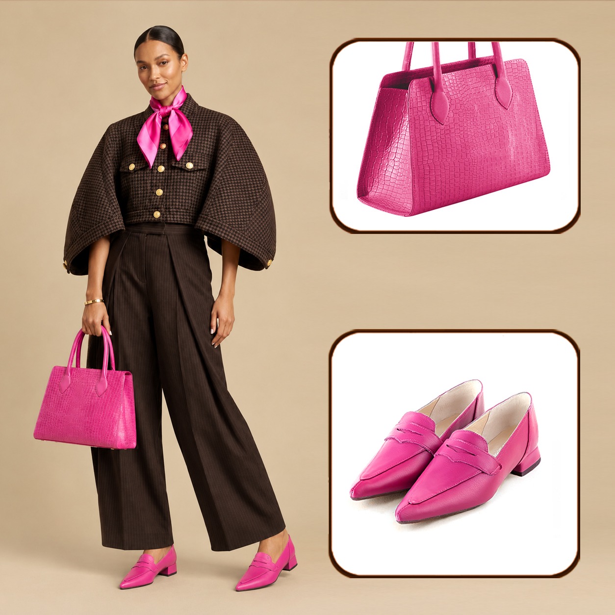 Women's dress tailored classic loafers and tote bag, in fuchsialeather.