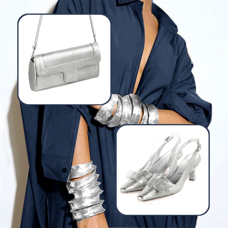 Escarpins bride arrière avec un noeud et pochette pour cérémonie assortis à une tenue argent.