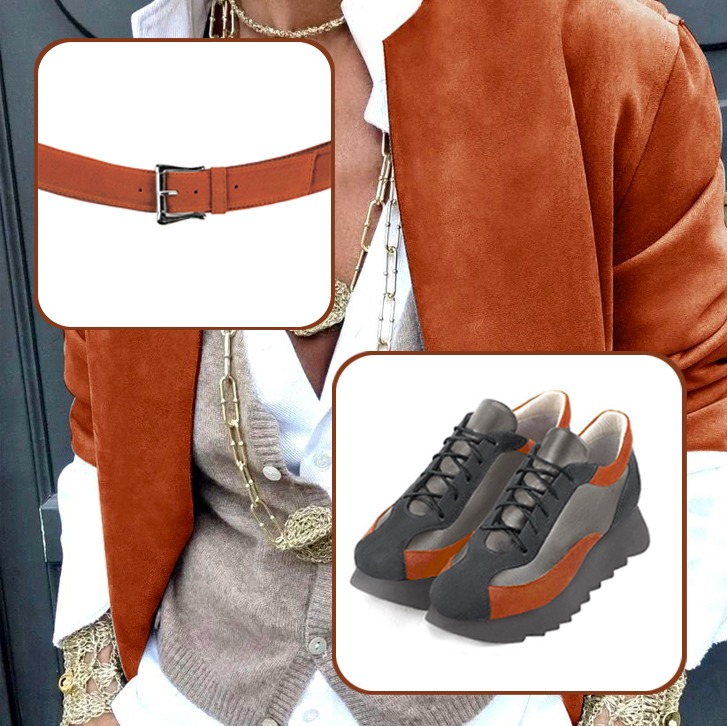 Women's elegant urban sneakers and custom-made belt to pair with a dark grey, ash grey and terracotta orange outfit.