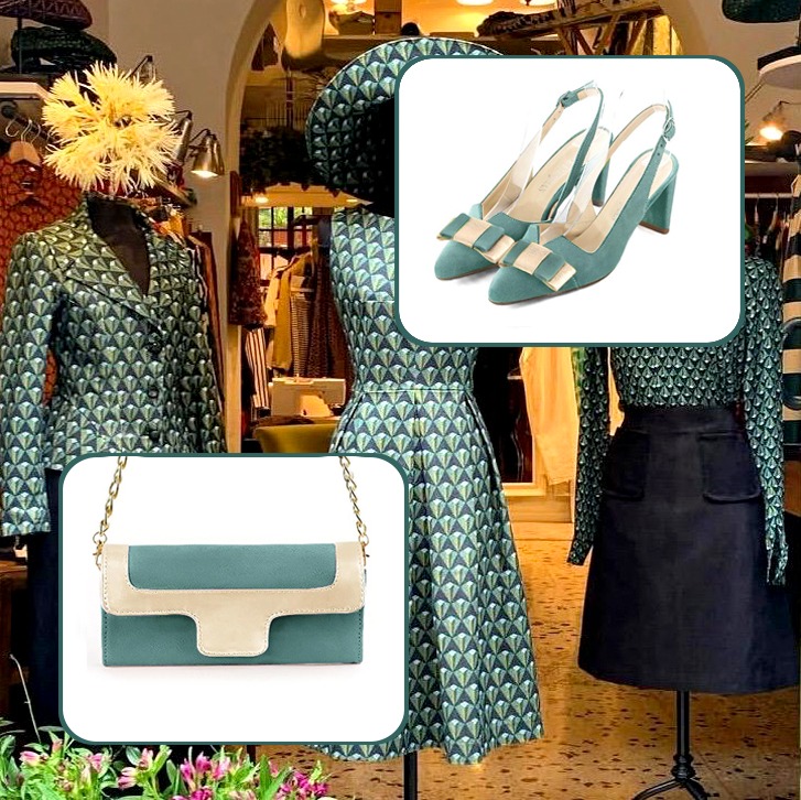 Escarpins bride arrière avec un noeud et pochette pour cérémonie assortis à une tenue vert pastel et or.