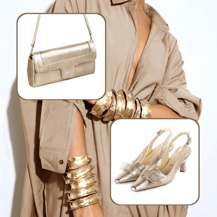 Escarpins bride arrière avec un noeud et pochette pour cérémonie assortis à une tenue or.