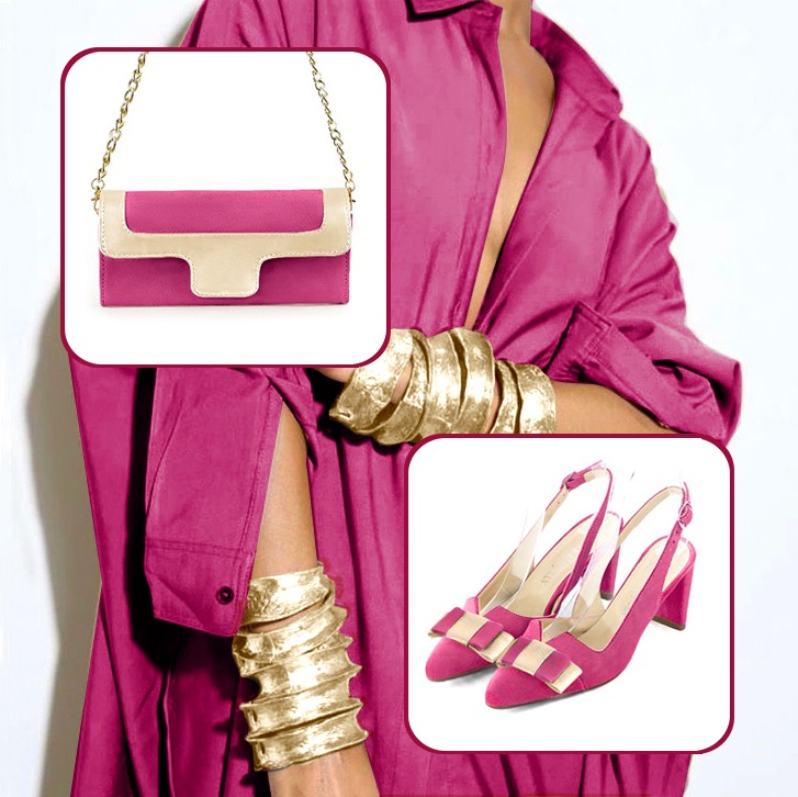 Women's elegant slingback heels, with a bow on the front and luxurious clutch for ceremonies to pair with a fuchsia pink and gold outfit.