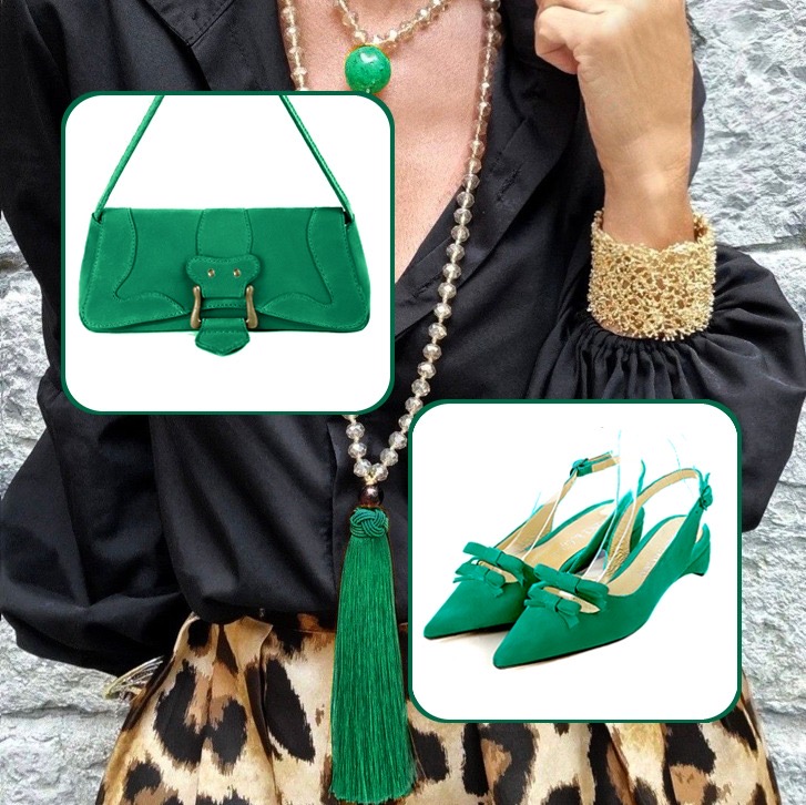 Women's small luxurious handbag and elegant slingback heels, with a bow on the front to pair with an emerald green outfit.