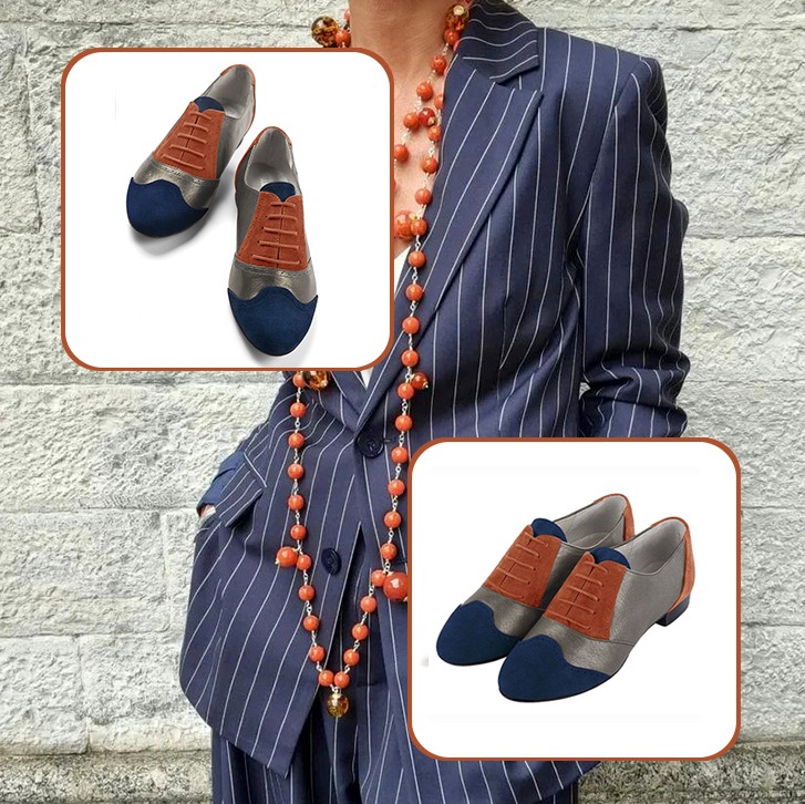 Women's elegant lace-up shoes and custom-made belt to pair with a navy blue, taupe brown and terracotta orange outfit.