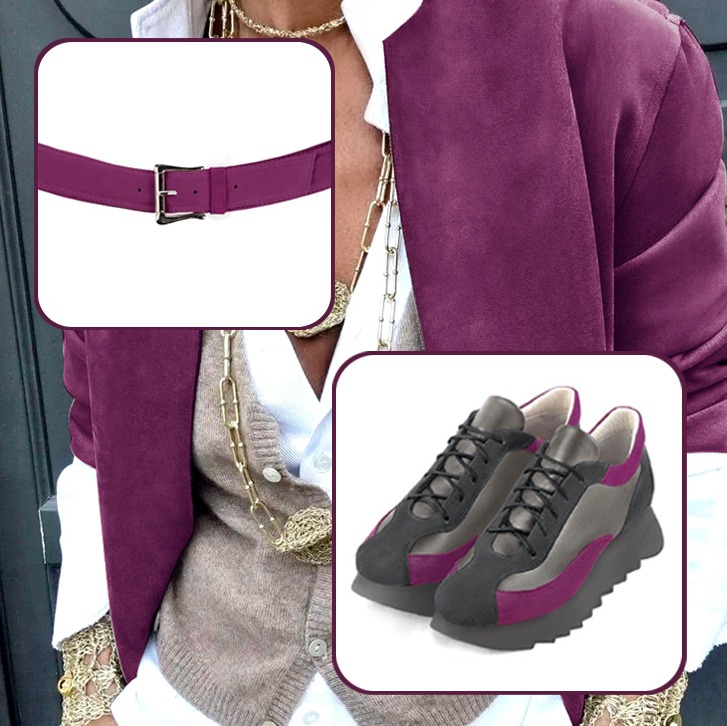 Women's elegant urban sneakers to pair with a dark grey, ash grey and mulberry purple outfit.