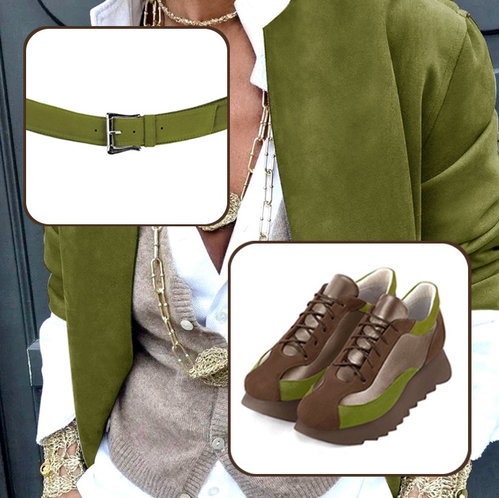 Women's elegant urban sneakers to pair with a chocolate brown, antique gold and pistachio green outfit.