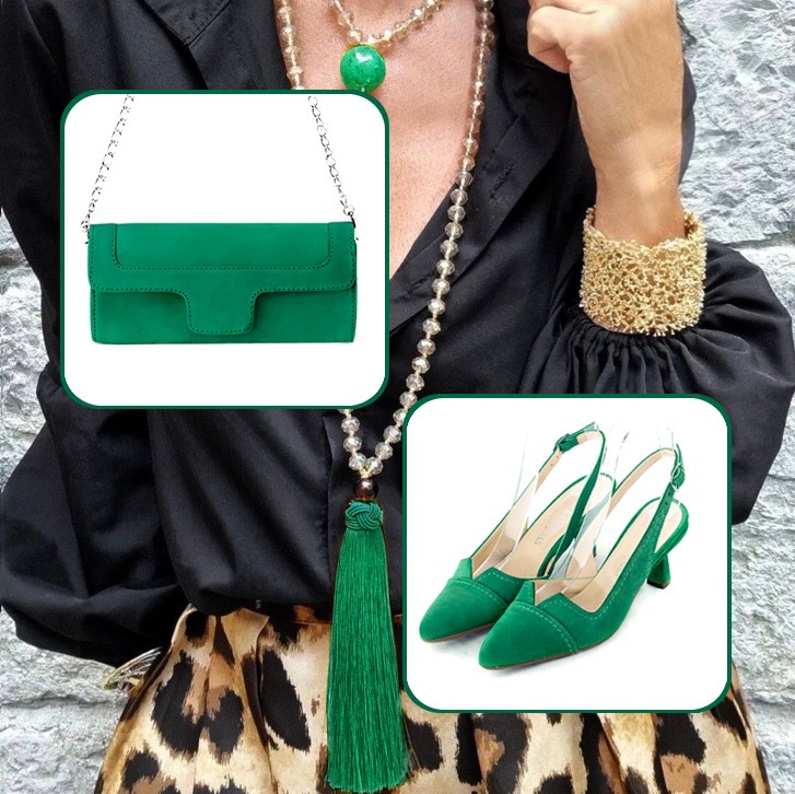 Women's luxurious clutch for ceremonies and elegant slingback heels to pair with an emerald green outfit.