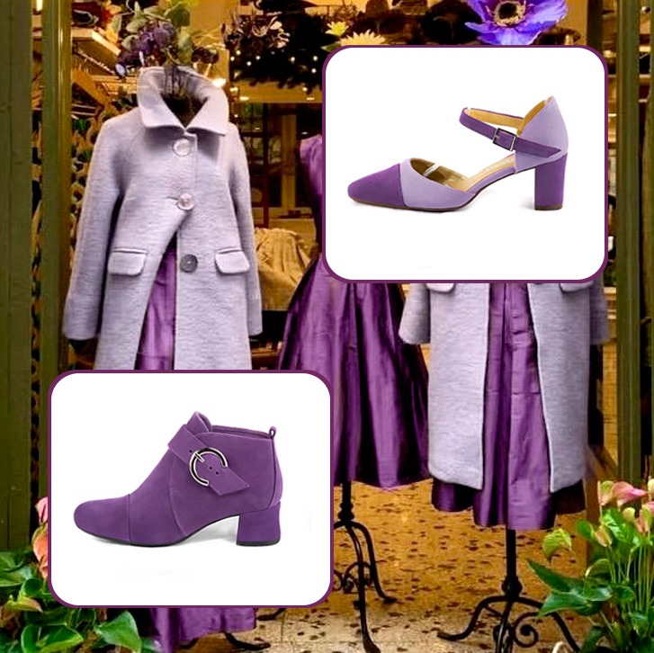Women's elegant closed-back heels, with an instep strap and elegant ankle boots, with buckles at the front, to pair with an amethyst purple outfit.