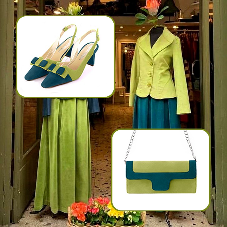 Women's elegant slingback heels, with a bow on the front and luxurious clutch for ceremonies to pair with a peacock blue and pistachio green outfit.