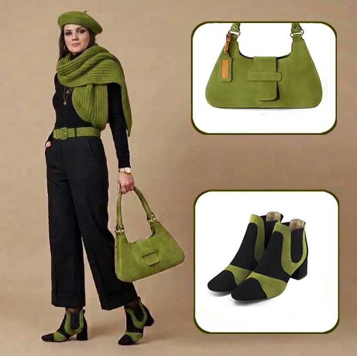 Women's dress two-tone elastic booties and shoulder bag, in pitch black and pistachio greenleather.