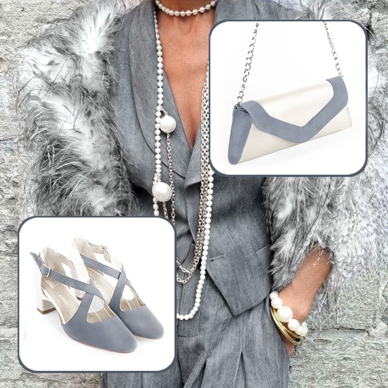 Women's elegant closed-back heels, with crossed straps and luxurious clutch for ceremonies to pair with a mouse grey and pure white outfit.