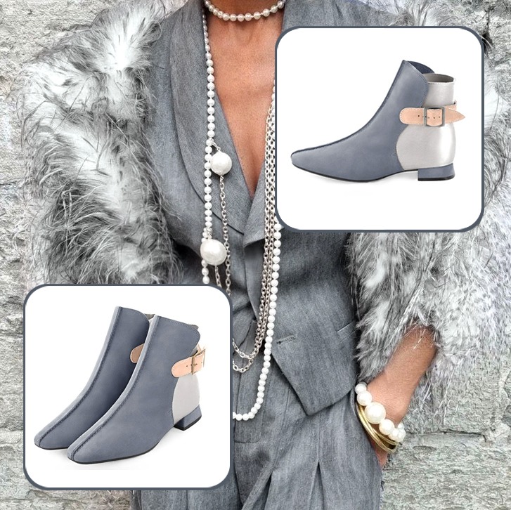 Women's elegant ankle boots, with buckles at the back, and custom-made belt to pair with a mouse grey, silver and powder pink outfit.
