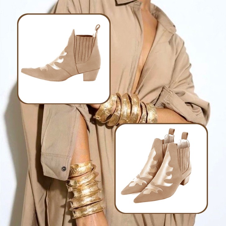 Women's elegant ankle boots, with elastics on the sides, and custom-made belt to pair with a tan beige and gold outfit.