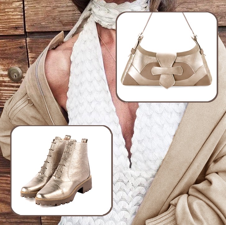 Women's elegant ankle boots, with laces at the front, and medium luxurious handbag to pair with a gold and tan beige outfit.