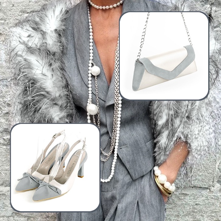 Women's elegant slingback heels, with a bow on the front and luxurious clutch for ceremonies to pair with a pearl grey and pure white outfit.