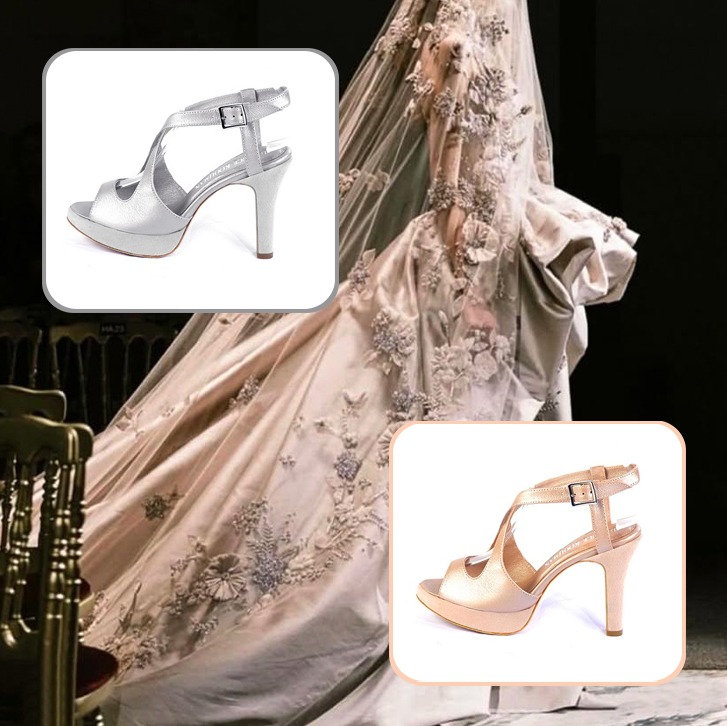 Women's elegant cross straps sandals to pair with a powder pink and silver outfit.