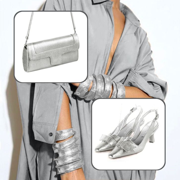 Women's dress slingback bow heels and clutch for wedding and parties paired to a silver outfit.