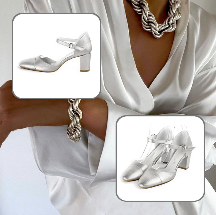 Women's elegant closed-back heels, with an instep strap and luxurious clutch for ceremonies to pair with a silver outfit.