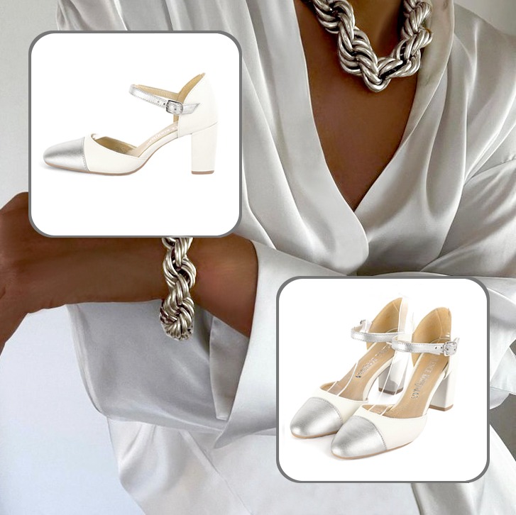 Escarpins bride cou-de-pied femme et pochette pour cérémonie assortis à une tenue argent, blanc cassé et blanc pur.