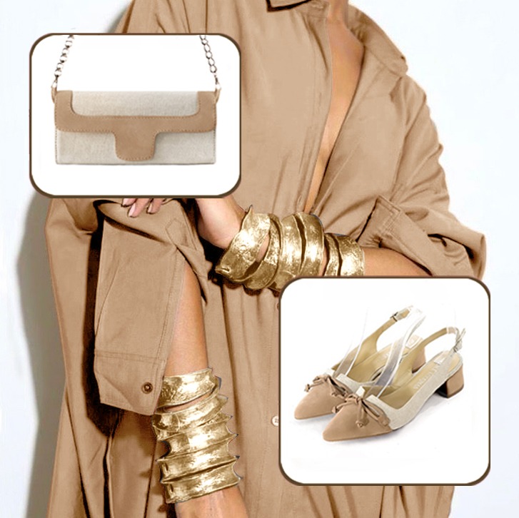 Women's dress slingback bow heels and clutch for wedding and parties paired to a biscuit beige and natural beige outfit.