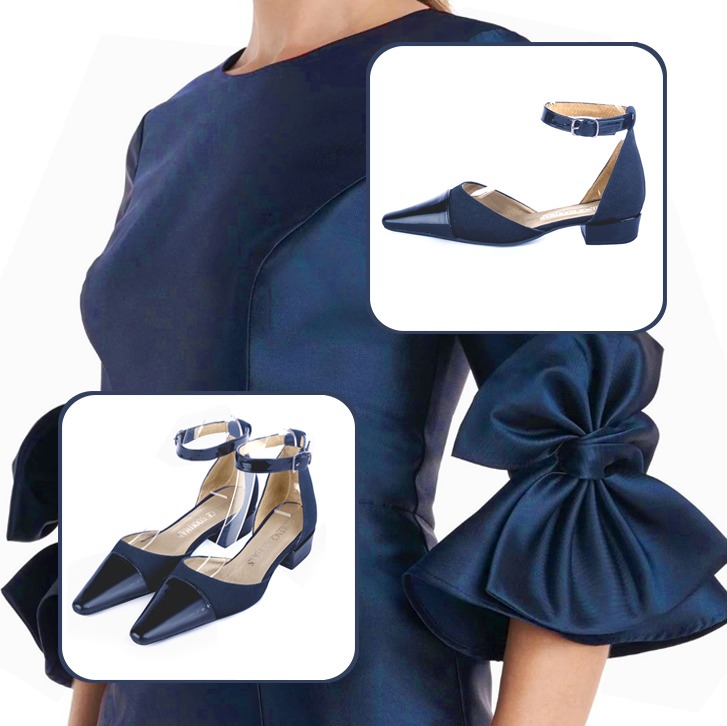 Escarpins bride cheville femme assortis à une tenue bleu marine.