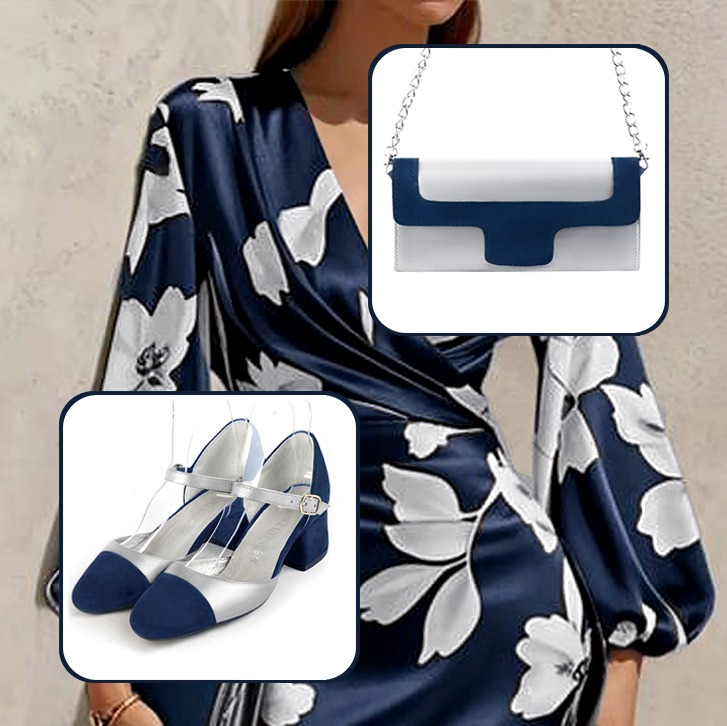 Escarpins bride cou-de-pied femme et pochette pour cérémonie assortis à une tenue bleu marine et argent.