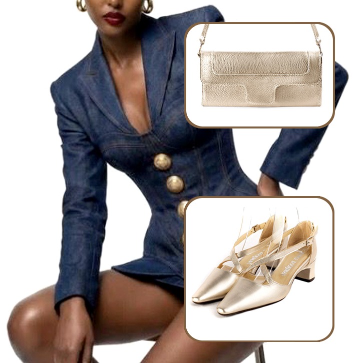 Escarpins brides croisées femme et pochette pour cérémonie assortis à une tenue or.