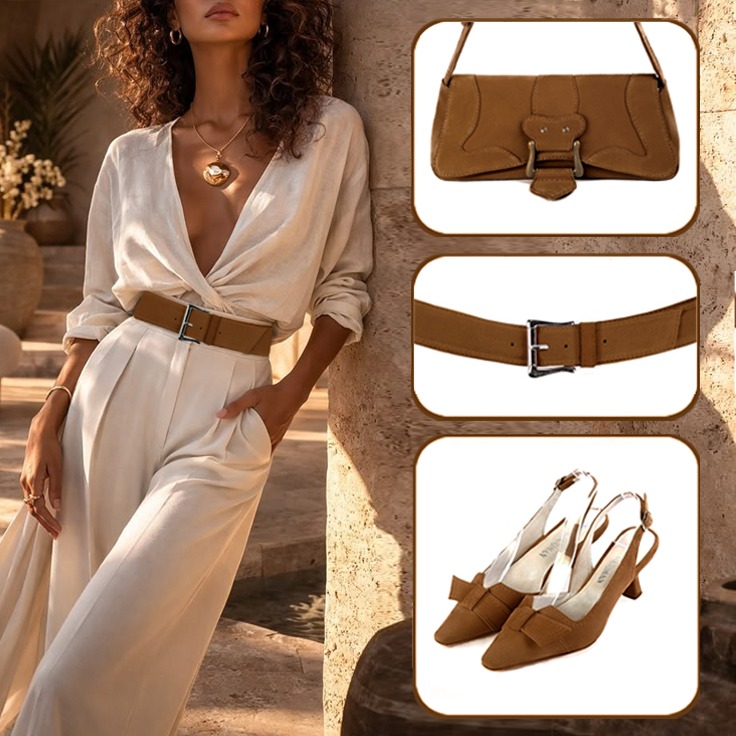 Women's dress slingback bow heels, baguette bag and custom-made belt paired to a caramel brown outfit.